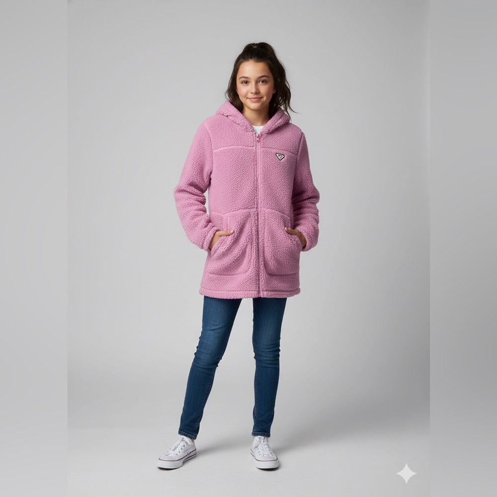Roxy Girl Pink Sherpa Faux Fur Hooded Jacket Size L (14/16) Cozy Fleece